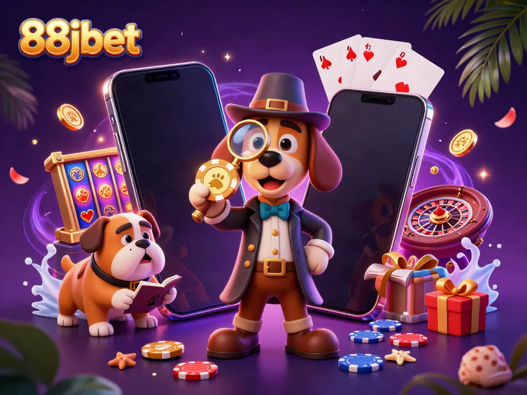 Join the thrilling action of 88jbet with a detective uncovering poker clues and vibrant casino games.