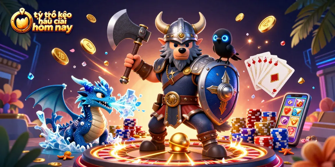 Experience the thrill of tỷ lệ kèo nhà cái hôm nay with a Viking warrior and mythical dragon in a vibrant, action-packed casino scene.