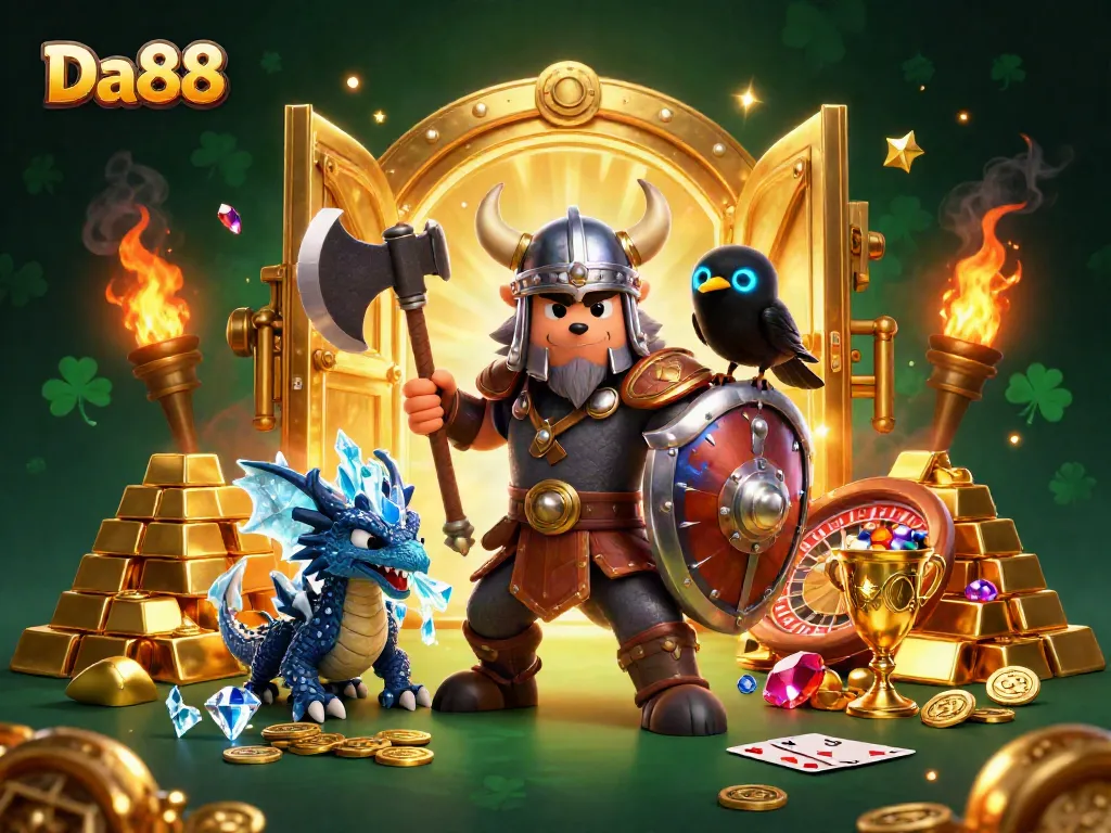Engage in the action at Da88 with a thrilling 3D casino illustration showcasing vibrant characters and dynamic game elements.
