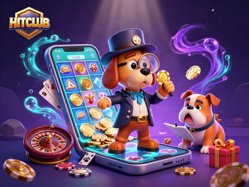 Explore HITCLUB's vibrant casino scene with a detective unraveling treasure amidst slot games.