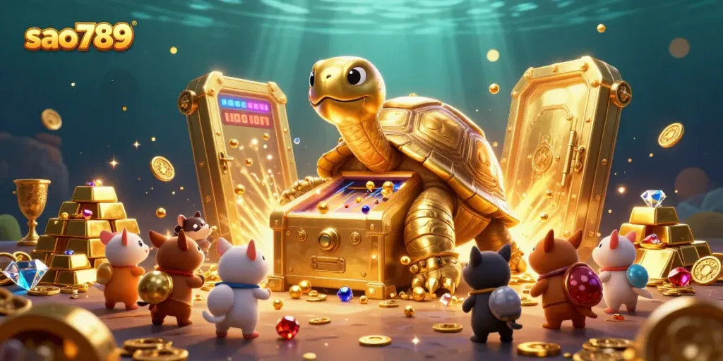 Experience thrilling play at sao789 with a dynamic illustration of a whimsical casino scene featuring a tortoise pinball machine.