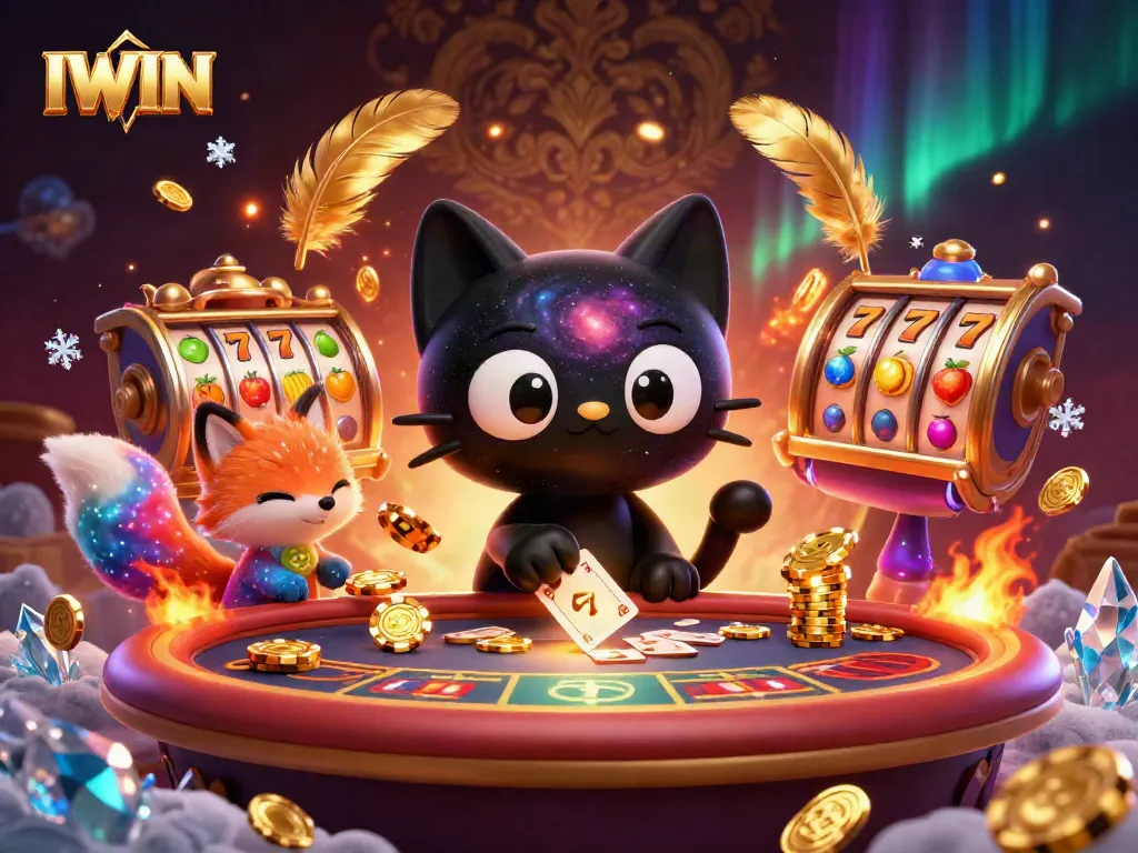 IWIN slot game illustration with a black hole cat gathering chips and coins at a cosmic casino.