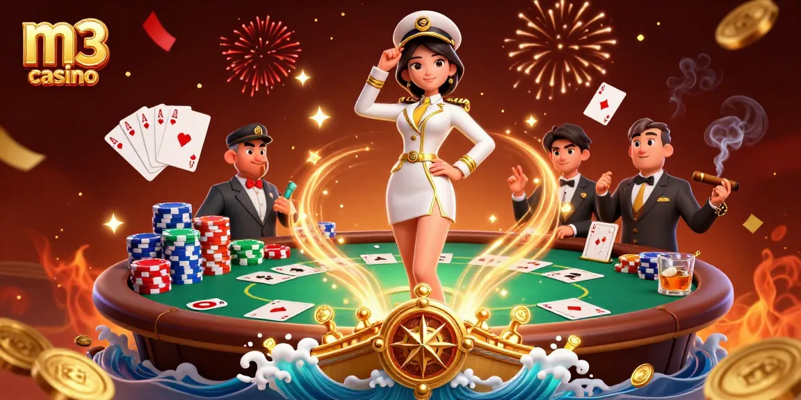 Engage with the vibrant m3 casino scene featuring a commanding Asian woman amidst poker elements, celebrating luck and strategy.