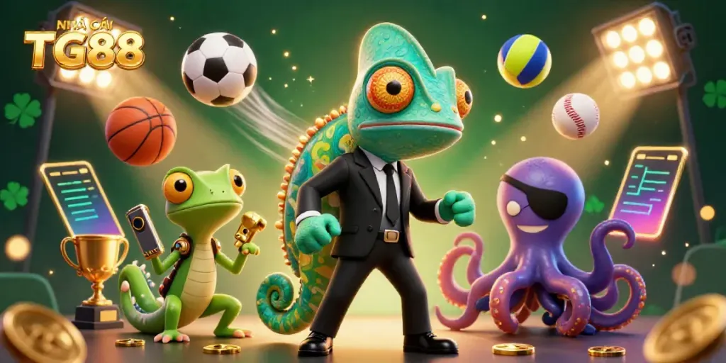 Experience thrilling moments with NHÀ CÁI TG88 featuring a chameleon, gecko, and octopus in vibrant betting action.