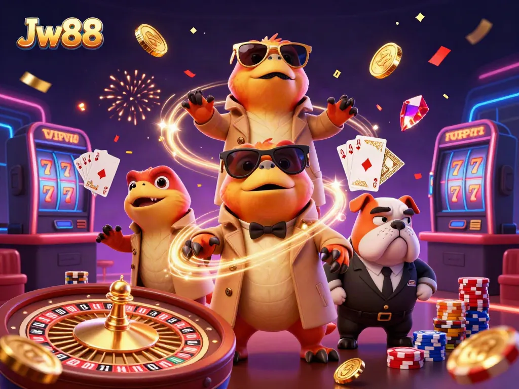 Experience the thrilling Jw88 casino action with playful cartoon raptors and dazzling gaming elements.
