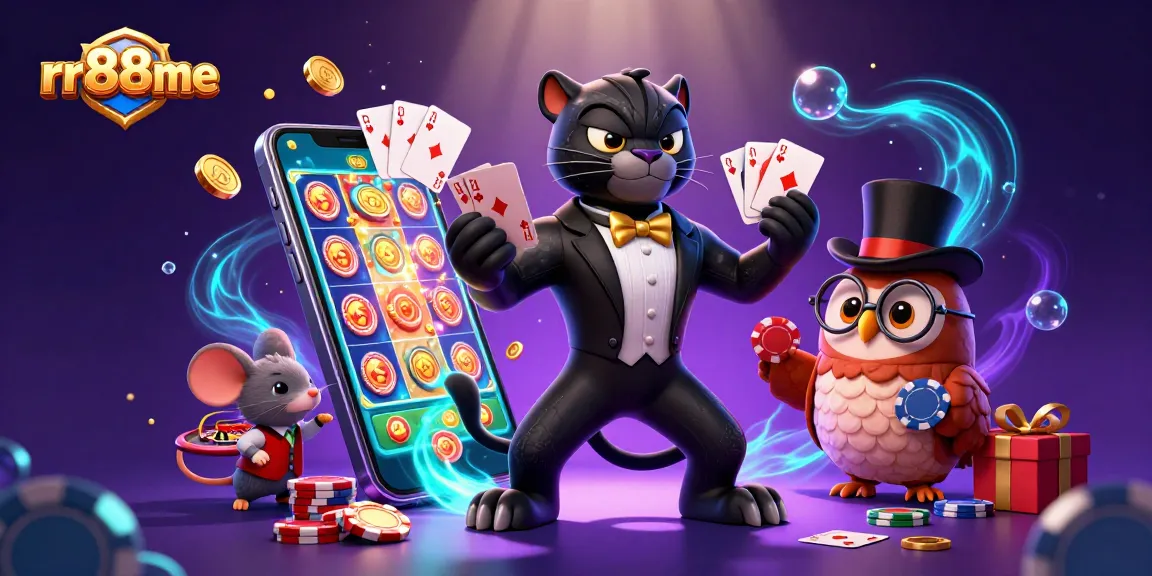 Win big at rr88me's vibrant casino world with a stylish panther dealer, poker owl, and lucky mouse!