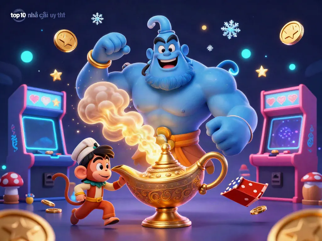 Engaging 3D scene showcasing top 10 nhà cái uy tín with a genie, monkey, and magical casino elements.