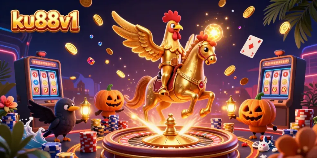 Experience a spectacular casino night with ku88v1 as golden creatures venture through vivid gaming elements.