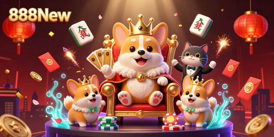 Experience 888New's vibrant casino scene with royal corgis and dazzling game elements for a thrilling adventure.