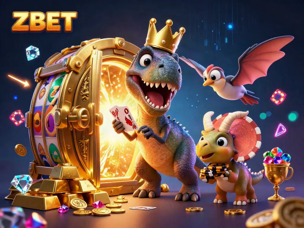 Engage with ZBET while a T-Rex shuffles cards under sparkling lights and treasures in a vibrant casino.