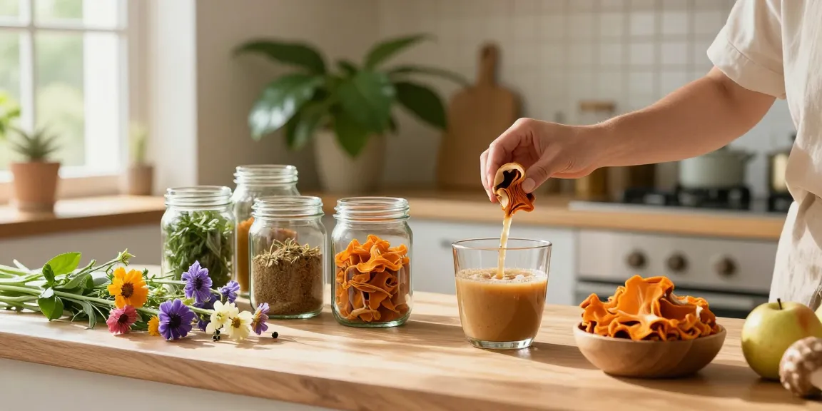 Preparing turkey tail mushroom extract in a cozy kitchen with organic ingredients and fresh herbs.