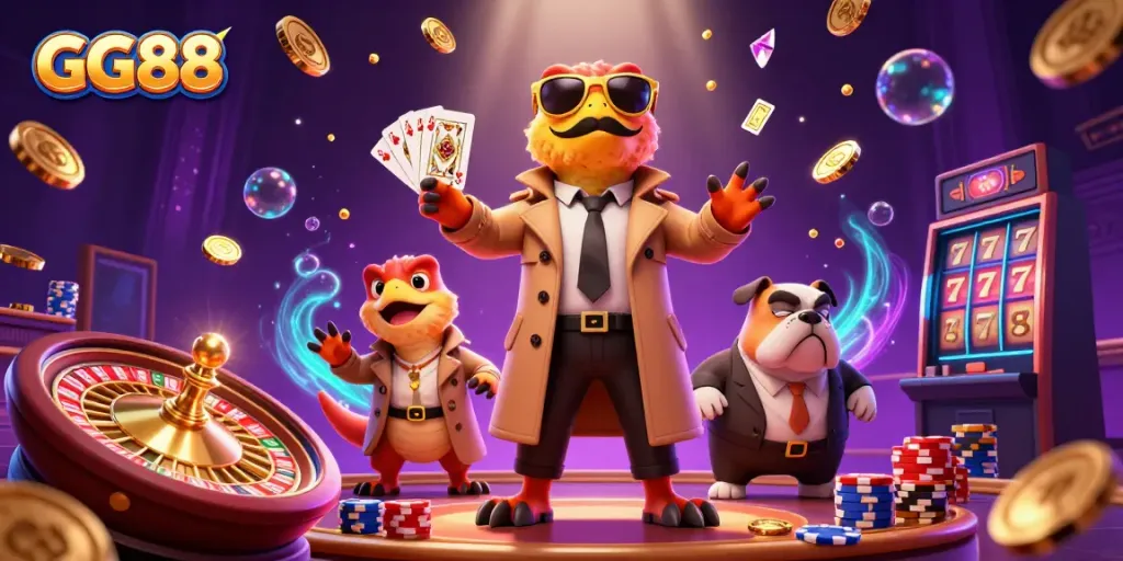 Experience the excitement of GG88 with raptors and a bulldog at a vibrant casino scene.