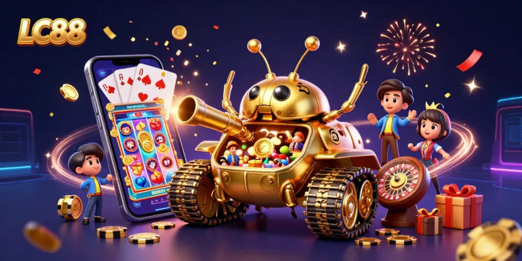 Engage in thrilling gaming at LC88 with a dynamic casino illustration of a golden beetle tank.