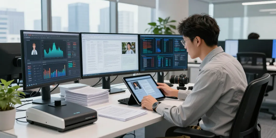 Advanced document fraud detection process with data scientist analyzing analytics and real-time metrics on digital monitors in modern office.