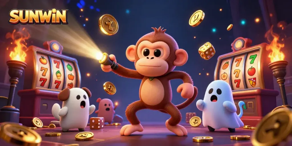 Experience the thrilling SUNWIN slot scene with a playful ghost-hunter puppy tracking golden juggled treasures in a casino.