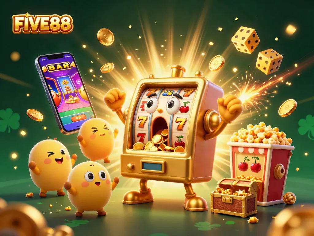FIVE88 slot machine celebrates hitting the jackpot amidst a vibrant casino scene.