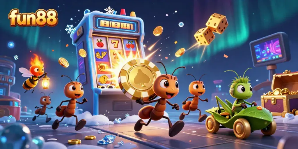Experience fun88's exciting world with ants strategizing a heist for massive rewards in a vibrant casino