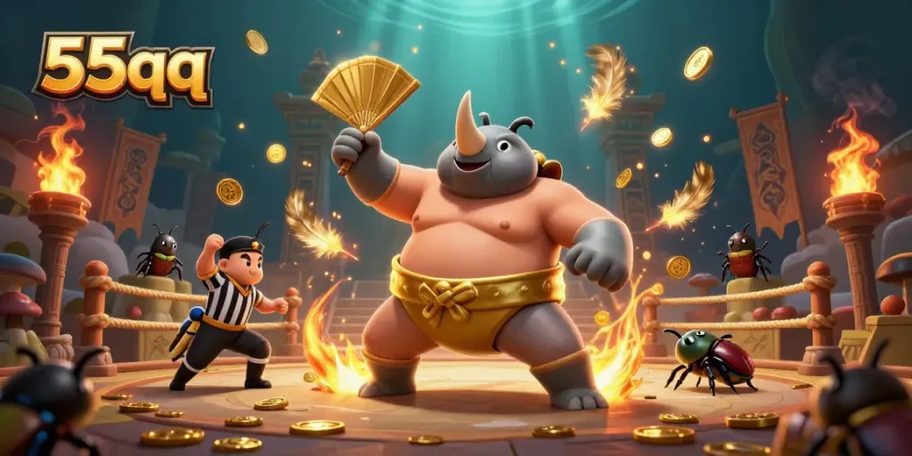 Engage in exciting global gaming experiences with 55qq as a 3D beetle champion stomps golden coins.