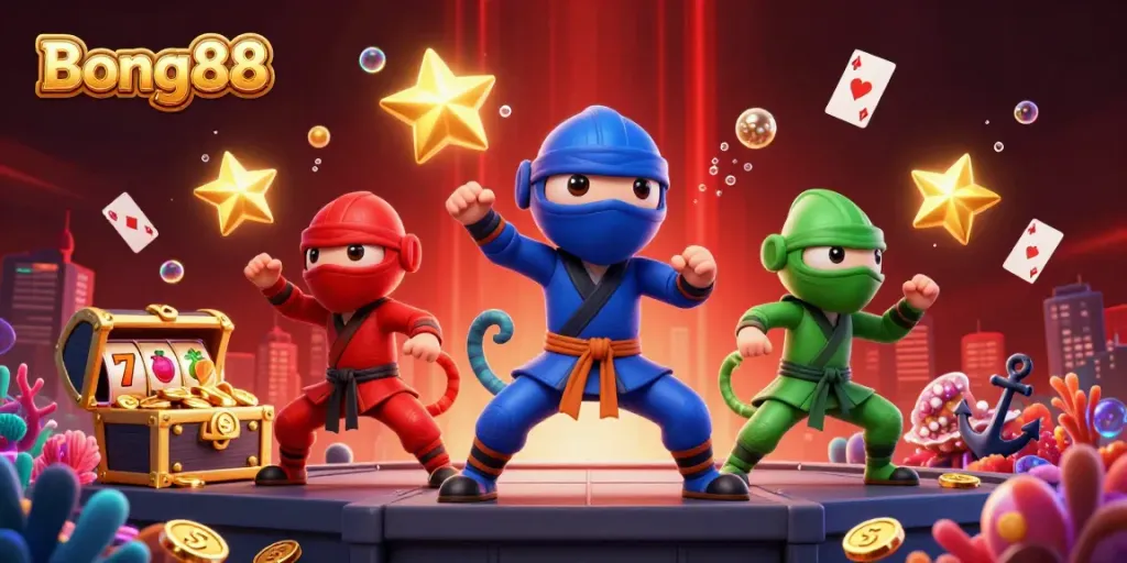 Bong88 features a vibrant 3D ninja chameleon trio performing casino action with explosive treasures.