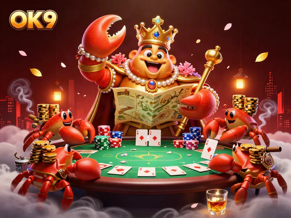 Experience the vibrant OK9 gaming atmosphere with the golden crab emperor amidst poker excitement.