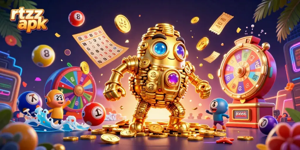 Engage with the thrilling world of rtzz apk as a golden golem spins lottery balls and confetti in an energetic casino scene.