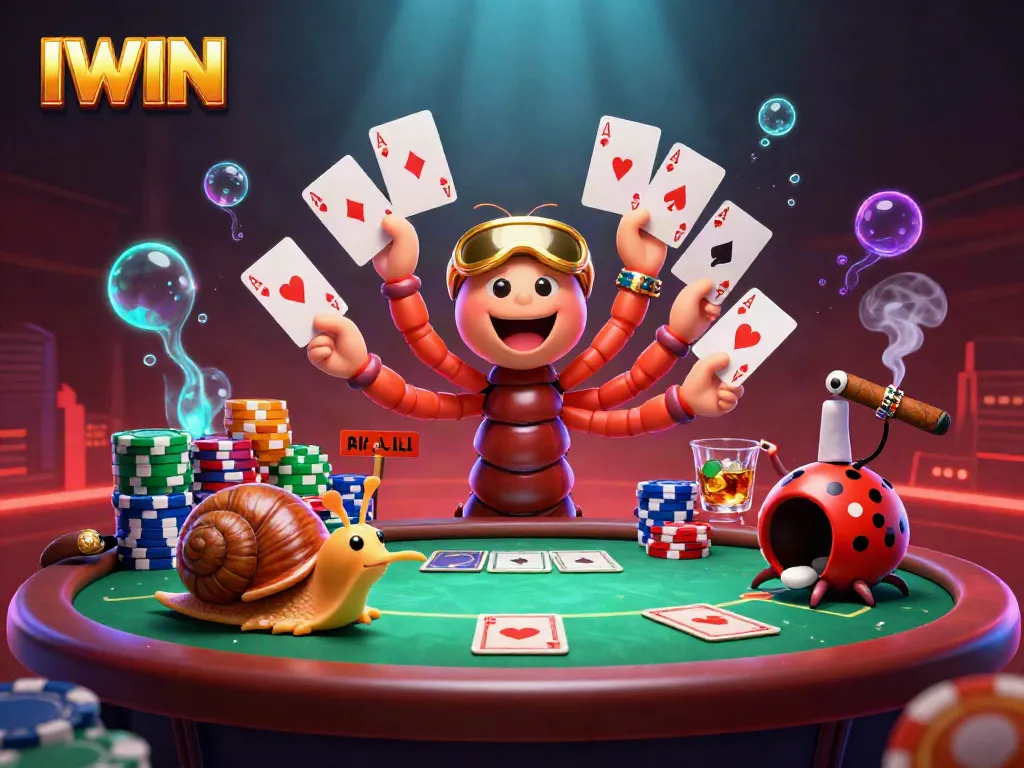 IWIN poker dealer scene with characters and vibrant casino elements creating an engaging atmosphere.