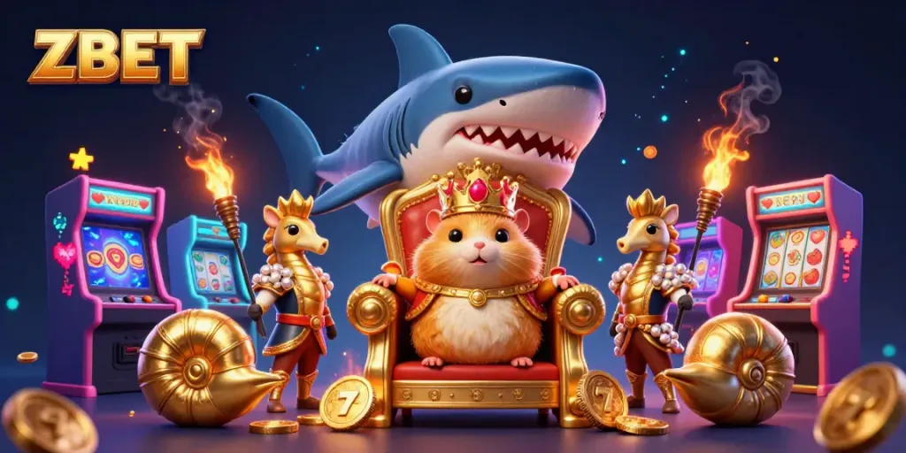 ZBET casino gaming scene showcasing the hamster king, arcade games, and dynamic slot elements.