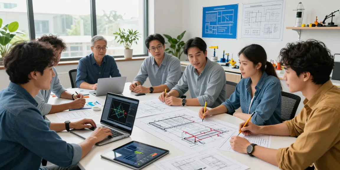 Engineering Services USA teamwork in a modern office setting with engineers discussing designs and using technology.