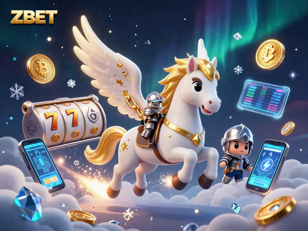 ZBET captures excitement with a celestial horse and knight amidst slot games and crypto elements.