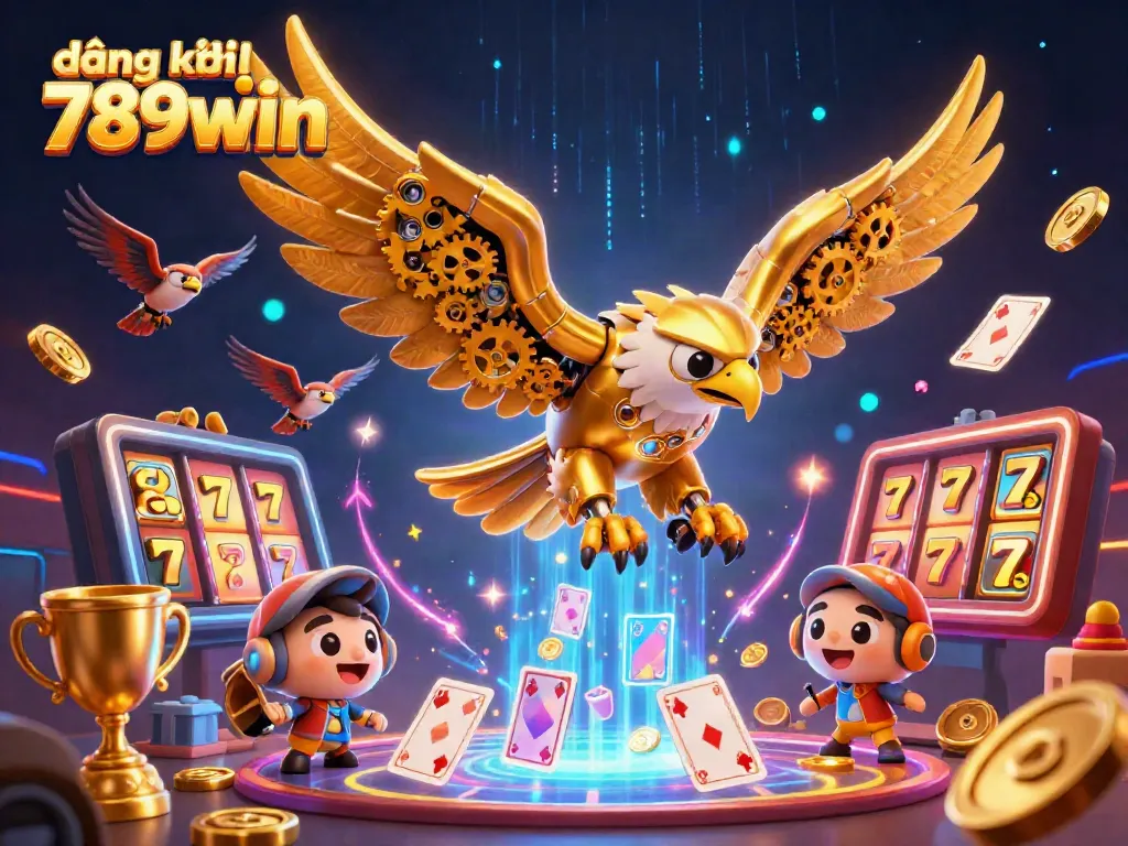Experience excitement at đăng ký 789win, featuring a dynamic golden eagle amidst flying slot reels.