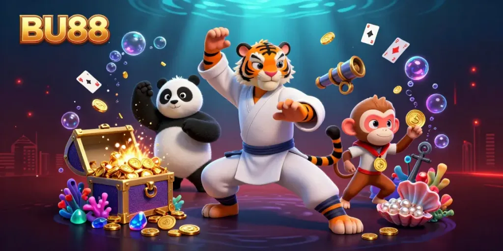 Experience thrilling wins at BU88 with vibrant casino elements and playful characters.
