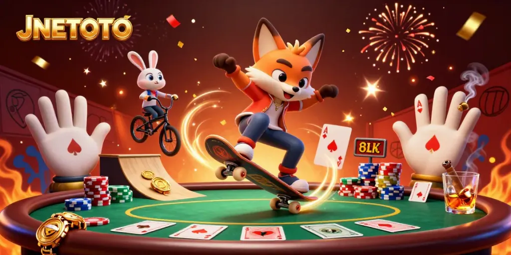Experience thrilling rolls with JNETOTO in a vibrant 3D illustration showcasing casino-inspired characters.