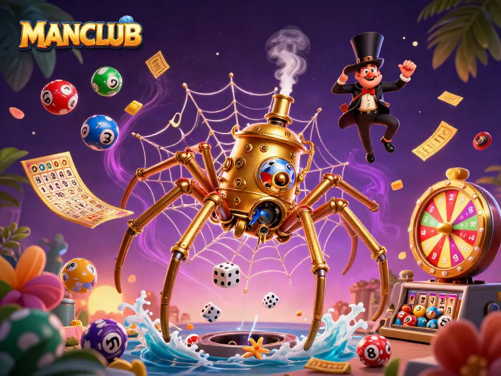 Catch lucky prizes at MANCLUB with vibrant lottery balls and a charming steampunk spider.
