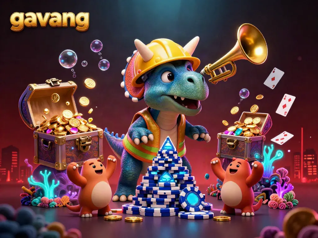 Watch the celebration as the gavang characters build excitement with poker chips and treasure in a dynamic scene.