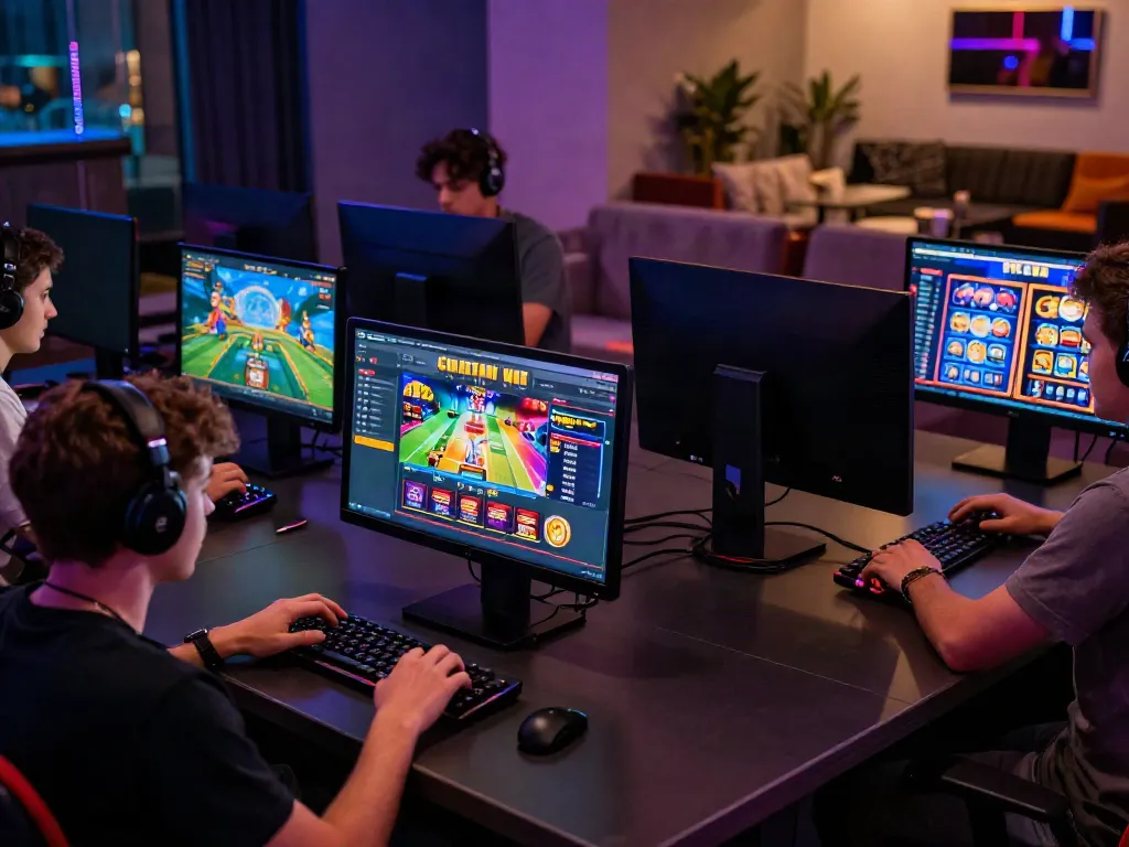 Engaging online gaming scene with players using devices on https://sky88tg.com/ showcasing diverse casino games and sports betting.