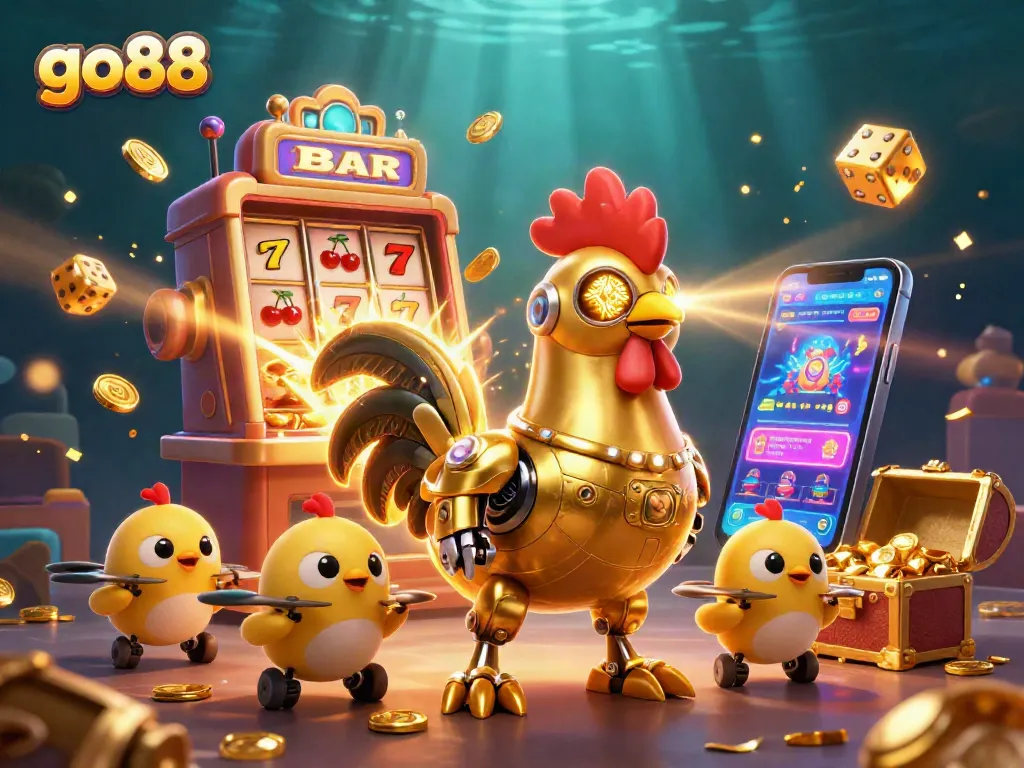 Experience the excitement of go88 with a dynamic 3D illustration showcasing a golden rooster robot amidst casino elements.