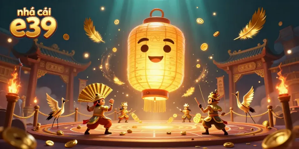 Engage with nhà cái e39 through a dynamic casino scene featuring a golden lantern spirit and warriors.