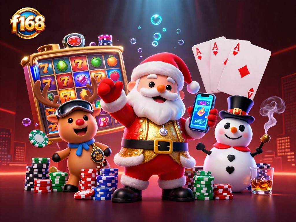 f168 presents a vibrant 3D casino scene featuring Santa, a reindeer dealer, and a poker chip snowman amidst slot reels.