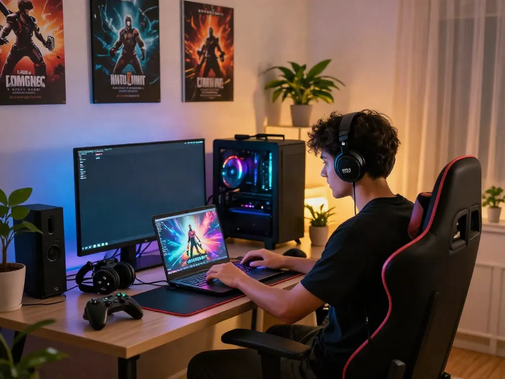 Engaged player at home exploring Nohuwin gaming platform on laptop.