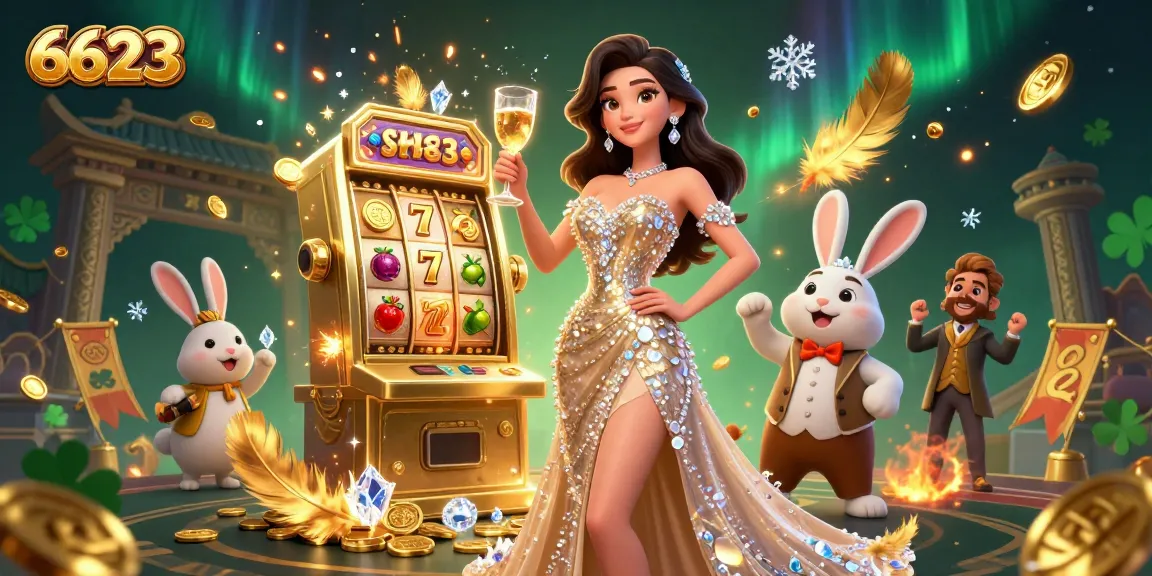 Engage with 6623's thrilling casino experience, featuring a woman toasting beside a jackpot slot machine.