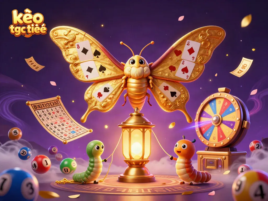 Engaging scene of kèo trực tuyến with a cartoon moth and vibrant casino elements, showcasing excitement and energy.