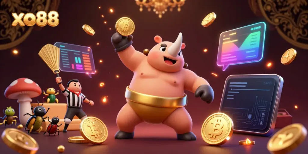 Experience thrilling gaming action with the energetic scene at xo88, showcasing a sumo champion beetle and crypto elements.