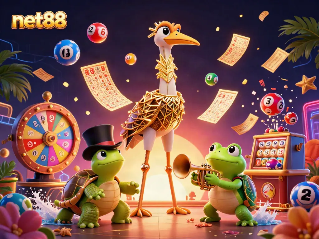 Experience the excitement of net88 with a vibrant 3D casino illustration featuring lively characters and dynamic gaming elements.