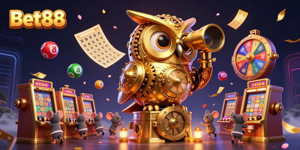 Engage with Bet88's vibrant casino scene featuring a golden owl and lively elements.