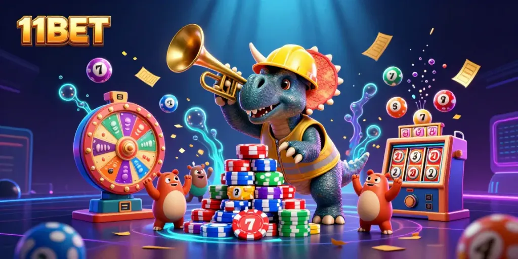 Experience the thrill of winning at 11BET with a vibrant illustration showcasing exciting slot and lottery elements.