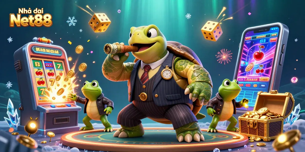Play exciting games at Nhà cái Net88 with a vibrant scene of a snapping turtle in a casino setting.