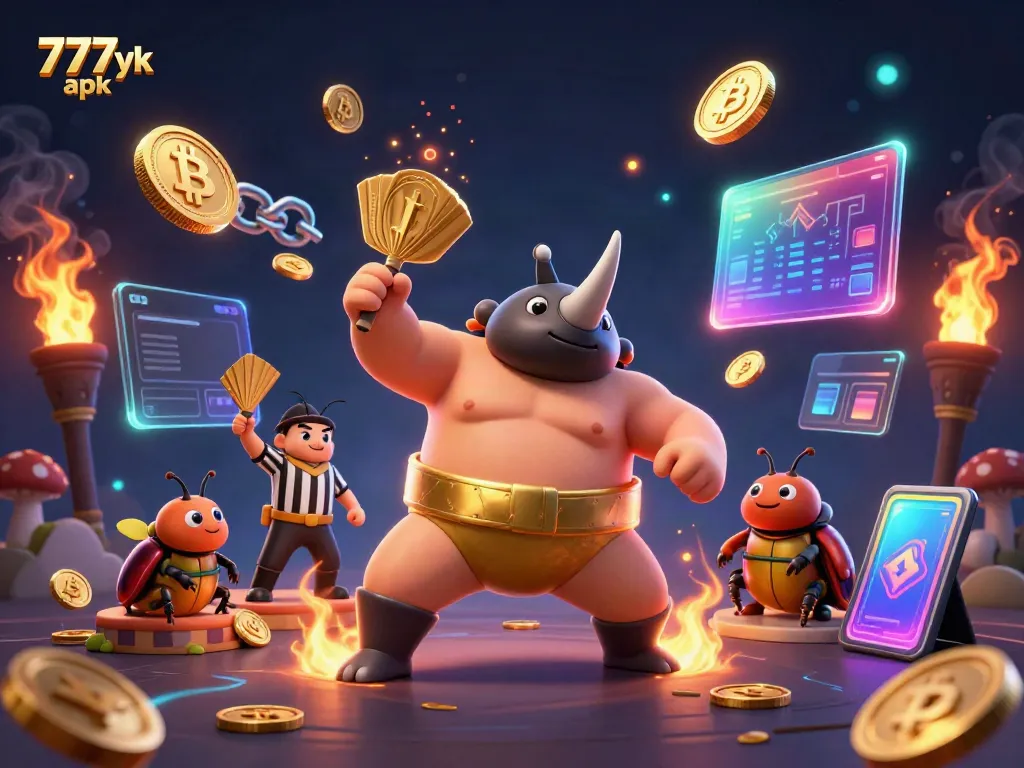 Experience excitement with 777yk apk as a sumo champion beetle celebrates wins amid coins and crypto elements.