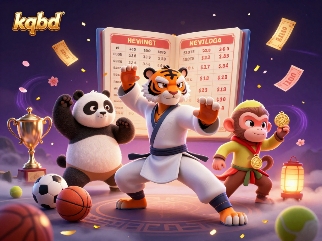 Experience live sports with kqbd as a kung fu tiger master oversees thrilling games with colorful balls and trophies.