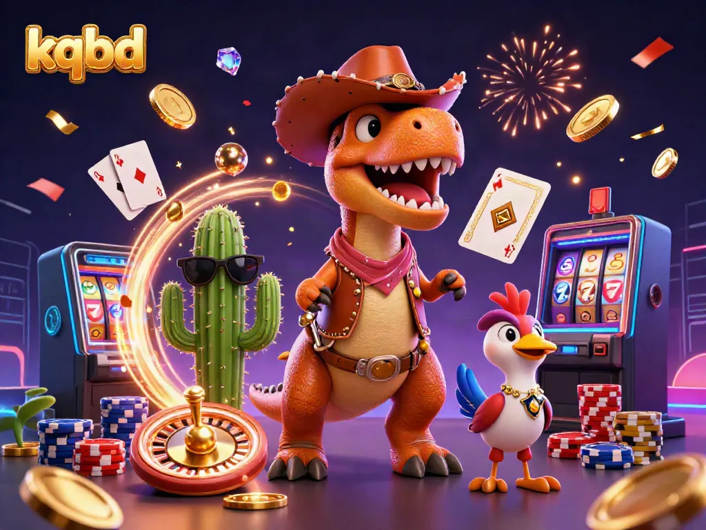 Engage with KQBD’s dynamic gaming scene featuring a cartoon dinosaur, cactus, and roadrunner amidst casino elements.