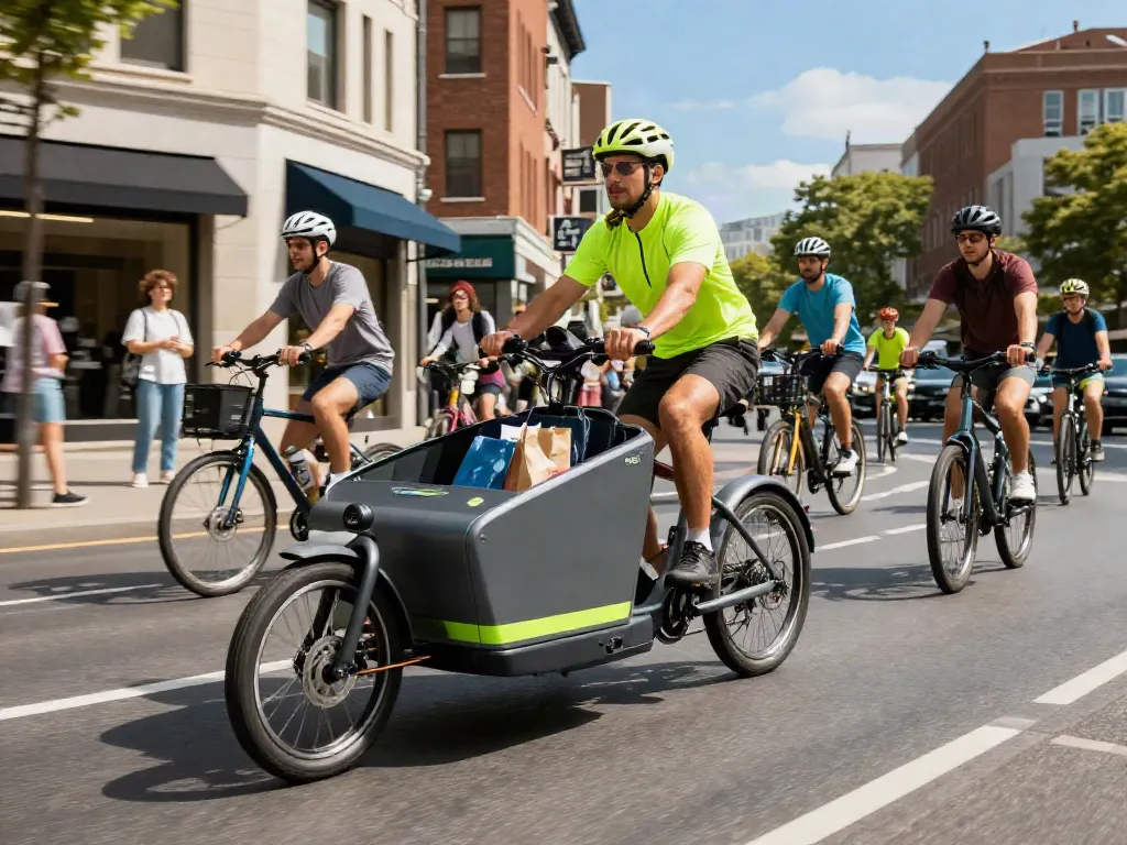 Electric cargo trike named Streek cruising through city streets with active cyclists.